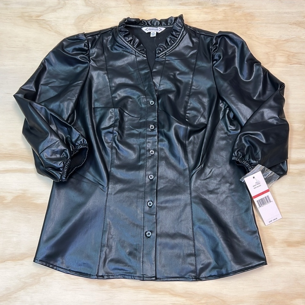 Nanette Lepore Faux Leather Puff Sleeves Black Blouse Size XS